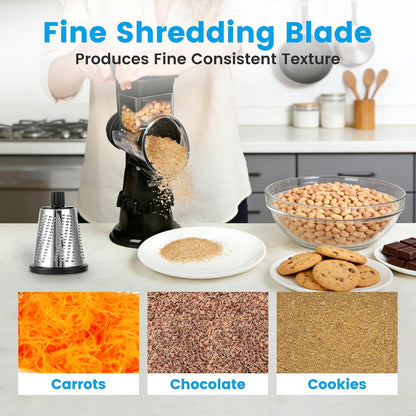 Rotary Cheese Grater Hand Crank, Vegetable Slicer with 3 Blades, Stable Suction, Labor-Saving Handle, Cheese Shredder for Potato Vegetables Nuts Chocolate, Black