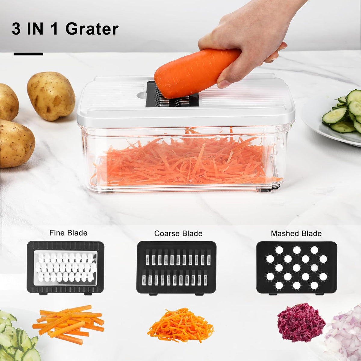 Rotary Cheese Grater Hand Crank, Vegetable Slicer with 3 Blades, Stable Suction, Labor-Saving Handle, Cheese Shredder for Potato Vegetables Nuts Chocolate, Black