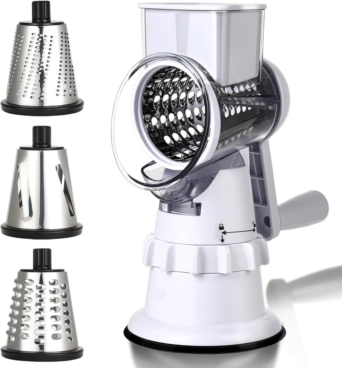 Rotary Cheese Grater Hand Crank, Vegetable Slicer with 3 Blades, Stable Suction, Labor-Saving Handle, Cheese Shredder for Potato Vegetables Nuts Chocolate, Black
