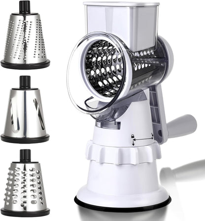 Rotary Cheese Grater Hand Crank, Vegetable Slicer with 3 Blades, Stable Suction, Labor-Saving Handle, Cheese Shredder for Potato Vegetables Nuts Chocolate, Black
