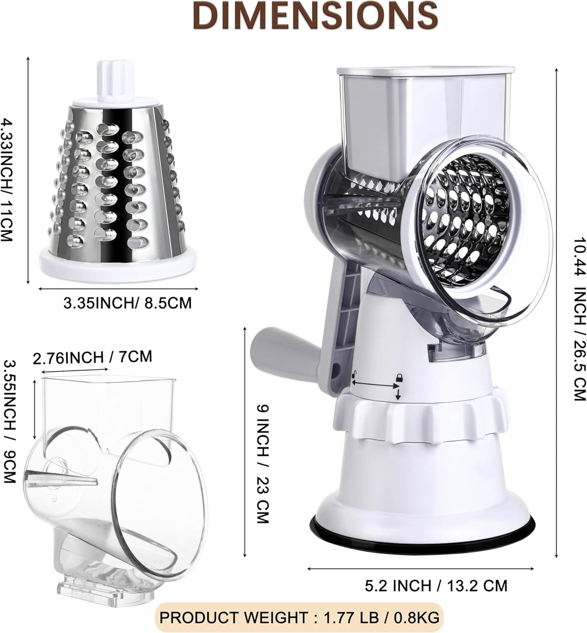Rotary Cheese Grater Hand Crank, Vegetable Slicer with 3 Blades, Stable Suction, Labor-Saving Handle, Cheese Shredder for Potato Vegetables Nuts Chocolate, Black