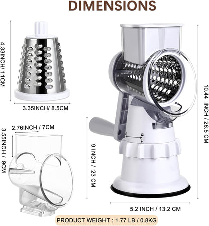 Rotary Cheese Grater Hand Crank, Vegetable Slicer with 3 Blades, Stable Suction, Labor-Saving Handle, Cheese Shredder for Potato Vegetables Nuts Chocolate, Black