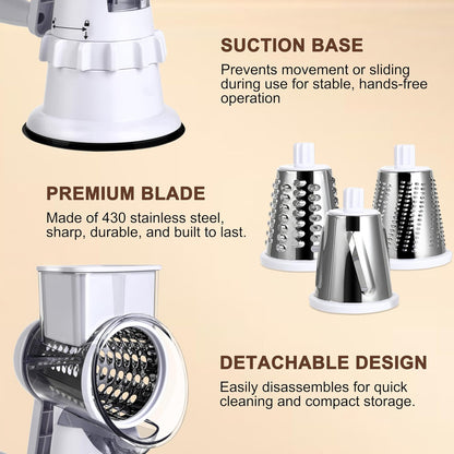 Rotary Cheese Grater Hand Crank, Vegetable Slicer with 3 Blades, Stable Suction, Labor-Saving Handle, Cheese Shredder for Potato Vegetables Nuts Chocolate, Black