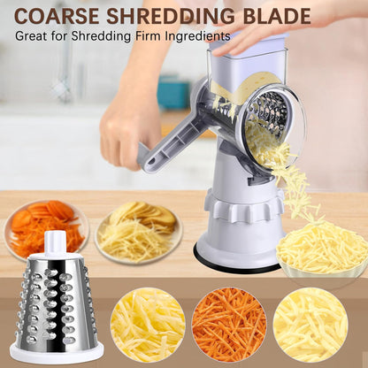 Rotary Cheese Grater Hand Crank, Vegetable Slicer with 3 Blades, Stable Suction, Labor-Saving Handle, Cheese Shredder for Potato Vegetables Nuts Chocolate, Black