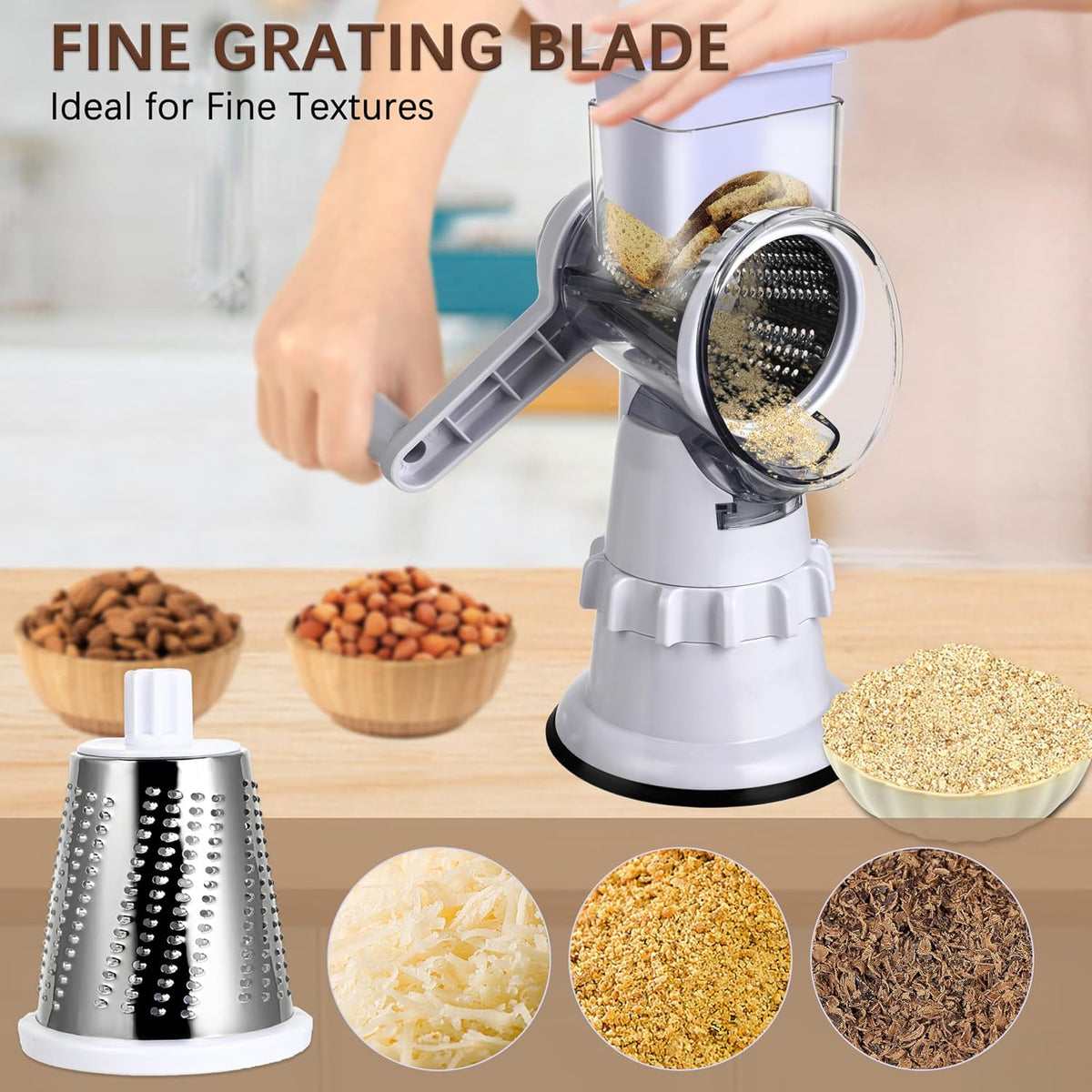 Rotary Cheese Grater Hand Crank, Vegetable Slicer with 3 Blades, Stable Suction, Labor-Saving Handle, Cheese Shredder for Potato Vegetables Nuts Chocolate, Black
