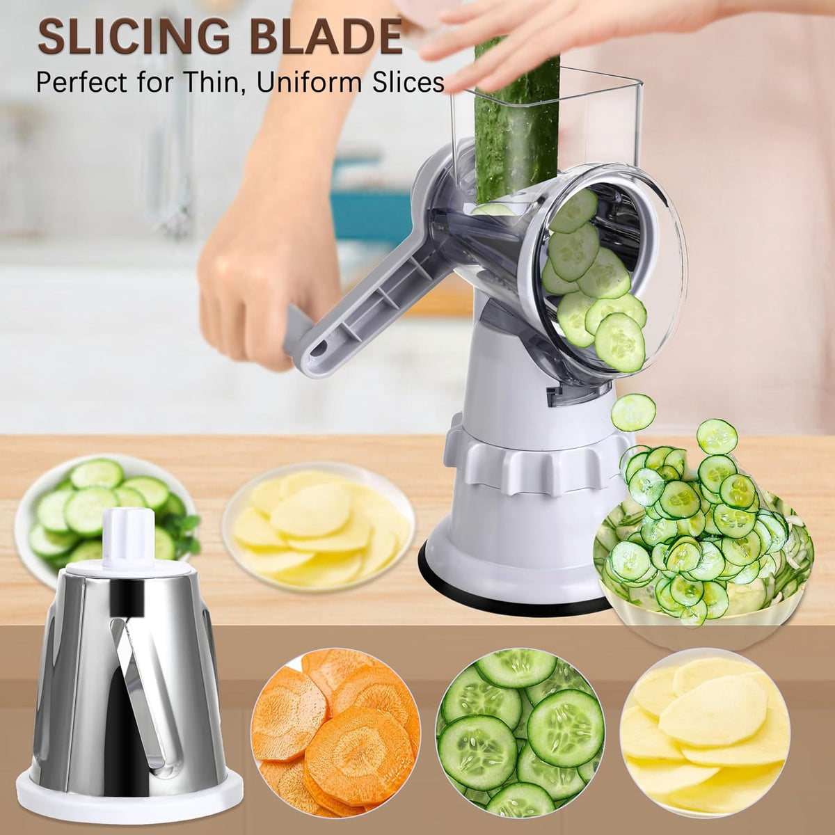 Rotary Cheese Grater Hand Crank, Vegetable Slicer with 3 Blades, Stable Suction, Labor-Saving Handle, Cheese Shredder for Potato Vegetables Nuts Chocolate, Black