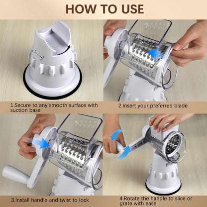 Rotary Cheese Grater Hand Crank, Vegetable Slicer with 3 Blades, Stable Suction, Labor-Saving Handle, Cheese Shredder for Potato Vegetables Nuts Chocolate, Black