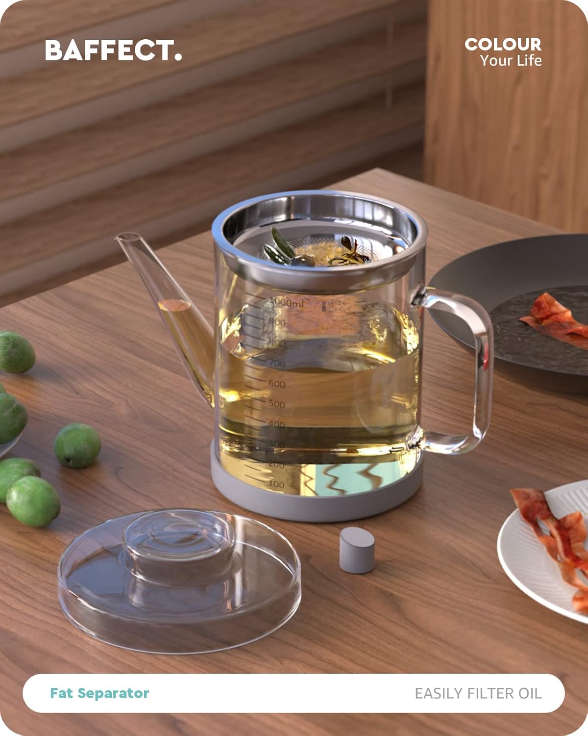 Glass Fat Separator, Bacon Grease Container with Strainer, Frying Oil Storage Can for Cooking (1L /4 Cups)