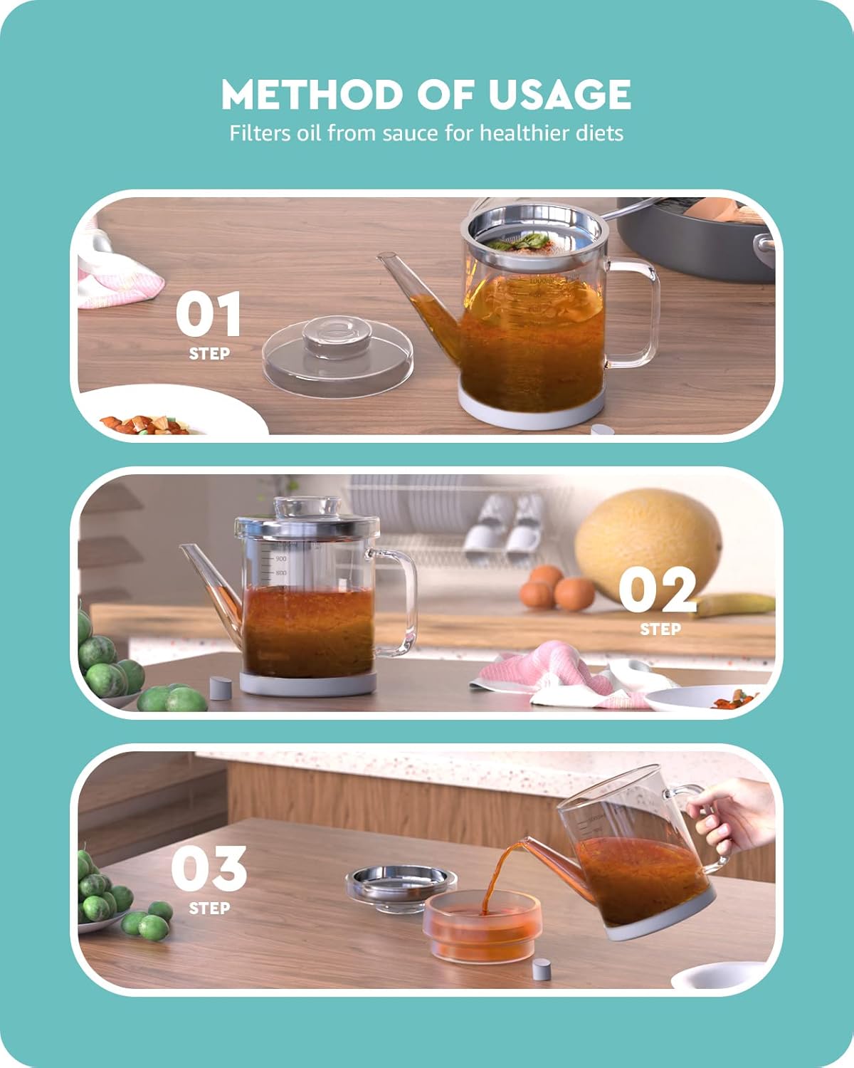 Glass Fat Separator, Bacon Grease Container with Strainer, Frying Oil Storage Can for Cooking (1L /4 Cups)