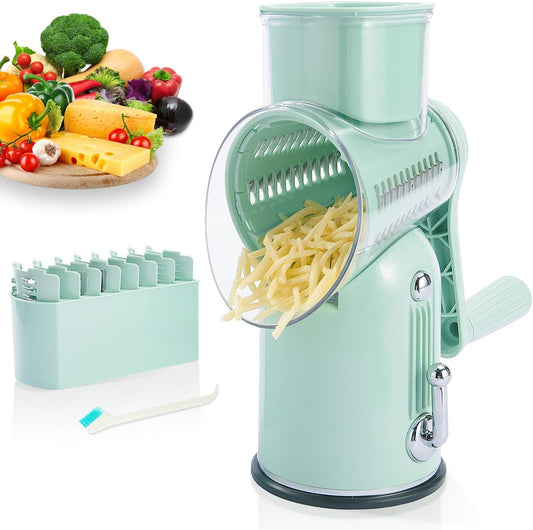 Hand Crank Rotary Cheese Grater, 5-in-1 Vegetable Slicer (Green) | Easy to clean.Strong suction base.Internal barrel keeps hands away from blades.BPA-free food-grade ABS plastic.
