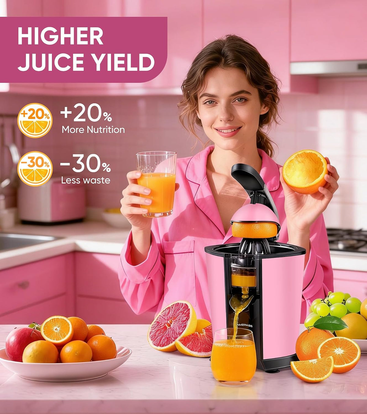 Electric Orange Juicer, Citrus Juicer Squeezer with 2 Cones and Soft Grip Handle for Effortless Juicing, Stainless Steel Quiet Orange Juice Extractor Machines for Lime Grapefruit Lemon