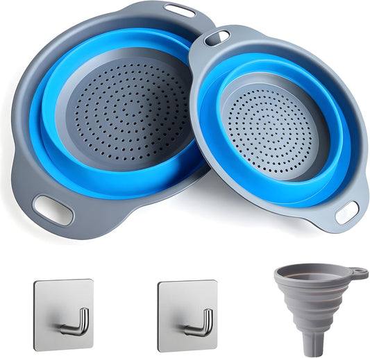 Collapsible Colander Set, Space-Saving Foldable Kitchen Strainer for Pasta, Vegetables & Fruit, Colander for Kitchen with 2 Stainless Steel Hooks & Silicone Funnel – Blue