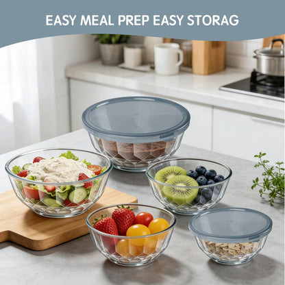 Thick Glass Mixing Bowls with Airtight Lids Set, 5-Piece Nesting Bowls for Baking & Meal Prep, BPA Free, Dishwasher Safe, 0.5/0.8/1.6/2.7/4.4 Quart - Gray