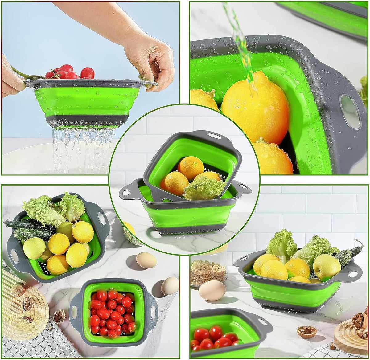 2 PCS Collapsible Colander, Collapsible Strainers for Kitchen, 11.5 inch Silicone Strainer and 9.5 inch Silicone Colander for Draining Vegetable fruit, Kitchen Food Strainer, Blue (Blue)