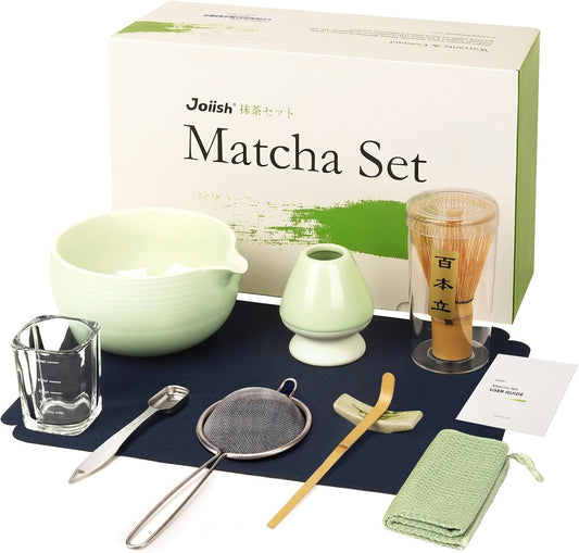 10-Pcs Matcha Whisk Set, Matcha Kit with Measuring Spoon/Cup, Green | Complete Matcha Tea Making Tools | Bamboo Whisk, Ceramic Bowl with Spout & Holder, Stainless Sifter, Gift for Starter