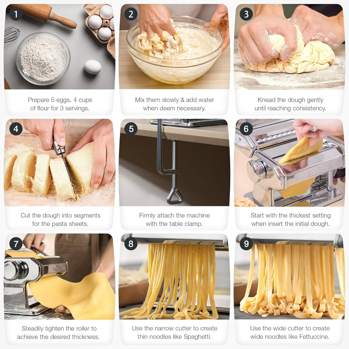 3-in-1 Pasta Maker, 9 Thickness Settings, Dough Rollers & 2 Size Cutters | Stainless Steel Construction, Sturdy & Durable, Easy to Clean, Rust-Resistant