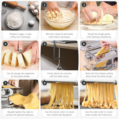 3-in-1 Pasta Maker, 9 Thickness Settings, Dough Rollers & 2 Size Cutters | Stainless Steel Construction, Sturdy & Durable, Easy to Clean, Rust-Resistant