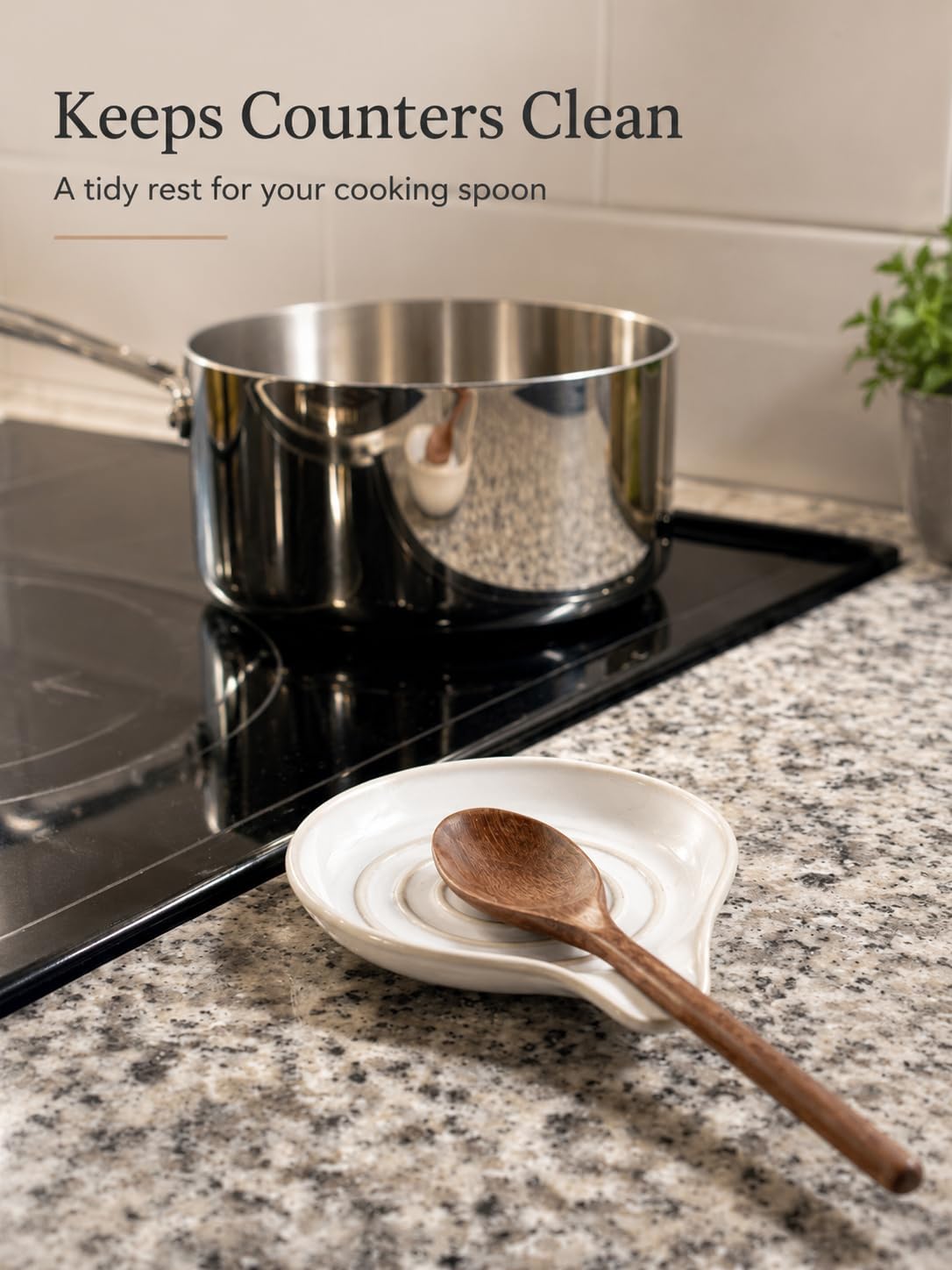 Spoon Rest for stove top, Ceramic Spoon Holder for Kitchen Counter | Spatula Rest for Coffee Bar, Heat-Resistant Cooking Utensil Holder for Tongs, Ladles, Farmhouse Kitchen Décor, Cream, 5 Inch