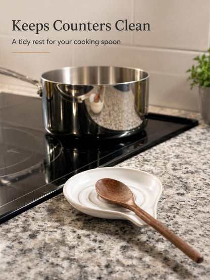 Spoon Rest for stove top, Ceramic Spoon Holder for Kitchen Counter | Spatula Rest for Coffee Bar, Heat-Resistant Cooking Utensil Holder for Tongs, Ladles, Farmhouse Kitchen Décor, Cream, 5 Inch