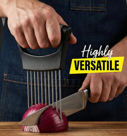Onion Holder for Slicing 2026, Stainless Steel Onion Slicer & Cutter with Finger Guard, Ergonomic Anti-Slip Handle, Multi-Use Kitchen Tool for Tomato, Potato, Avocado, Egg, Lemon & Meat
