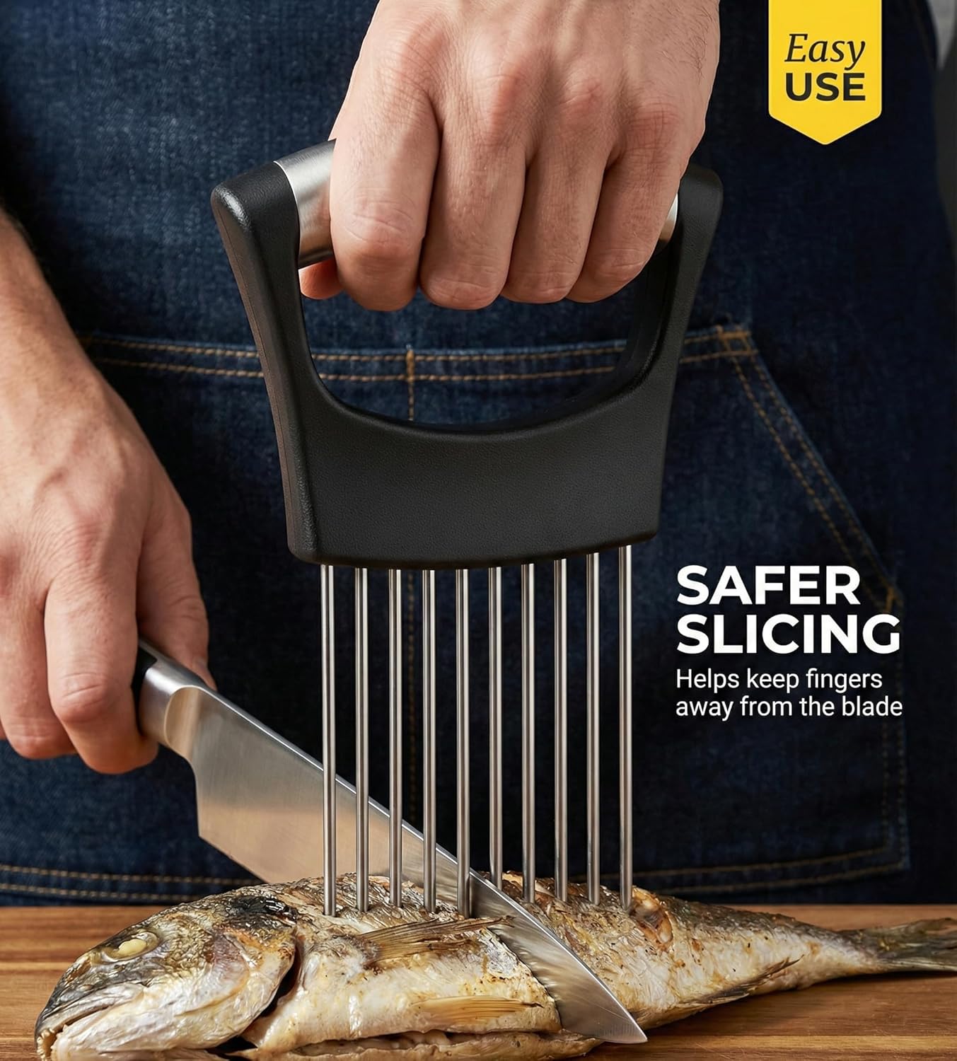 Onion Holder for Slicing 2026, Stainless Steel Onion Slicer & Cutter with Finger Guard, Ergonomic Anti-Slip Handle, Multi-Use Kitchen Tool for Tomato, Potato, Avocado, Egg, Lemon & Meat