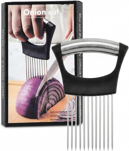 Onion Holder for Slicing 2026, Stainless Steel Onion Slicer & Cutter with Finger Guard, Ergonomic Anti-Slip Handle, Multi-Use Kitchen Tool for Tomato, Potato, Avocado, Egg, Lemon & Meat