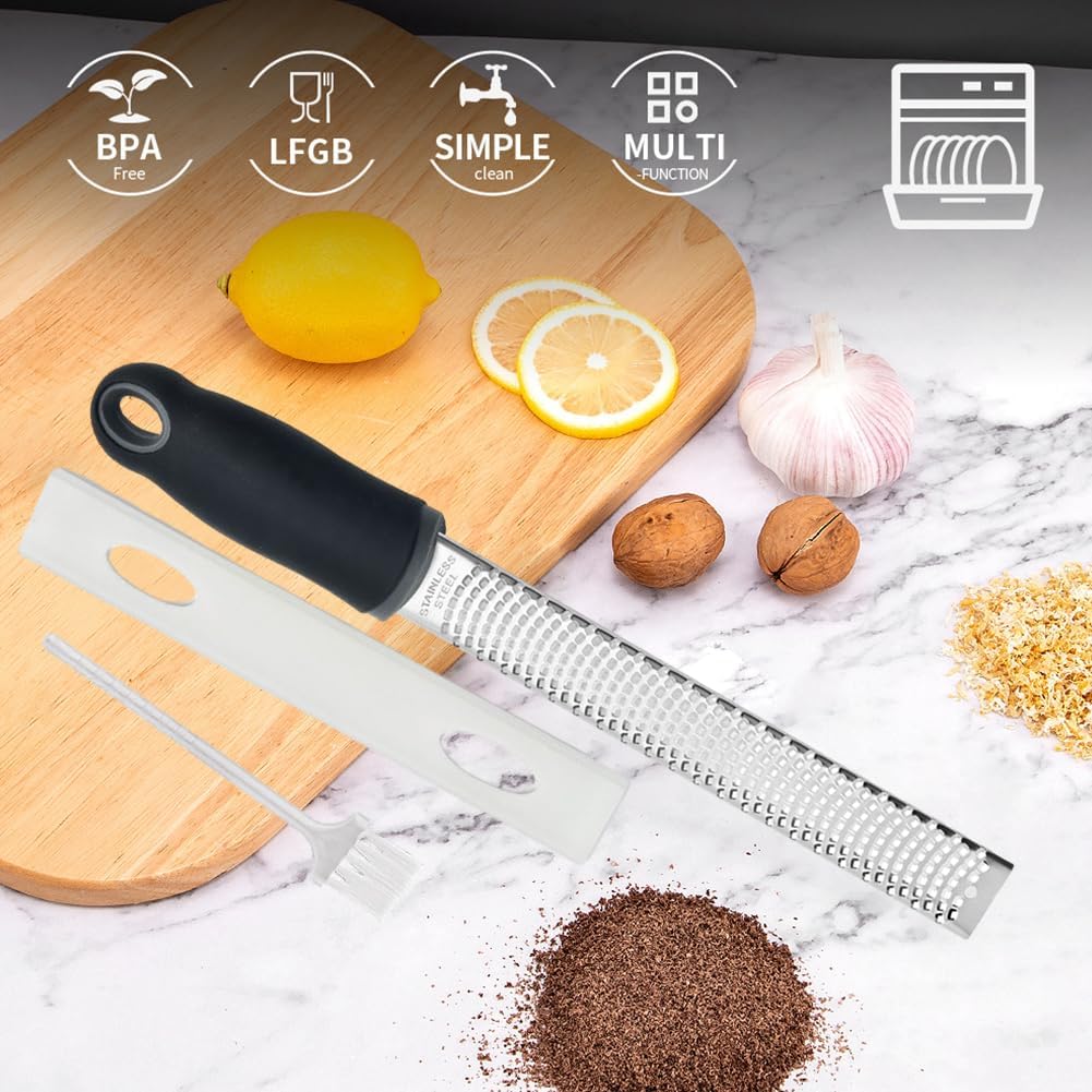 Lemon Zester Grater Stainless Steel Fine Cheese Grater | Fine blade for citrus, parmesan, garlic, ginger and chocolate, includes protective cover and cleaning brush