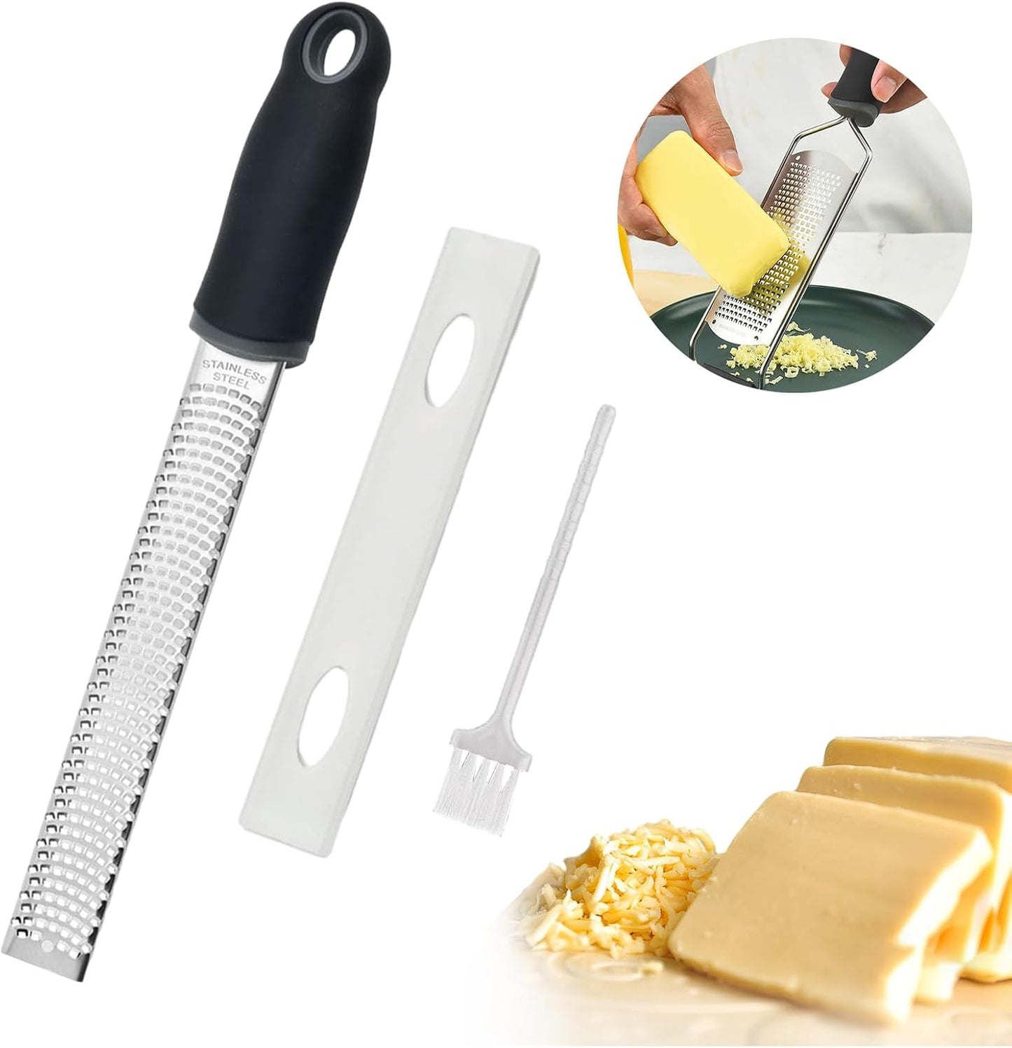 Lemon Zester Grater Stainless Steel Fine Cheese Grater | Fine blade for citrus, parmesan, garlic, ginger and chocolate, includes protective cover and cleaning brush