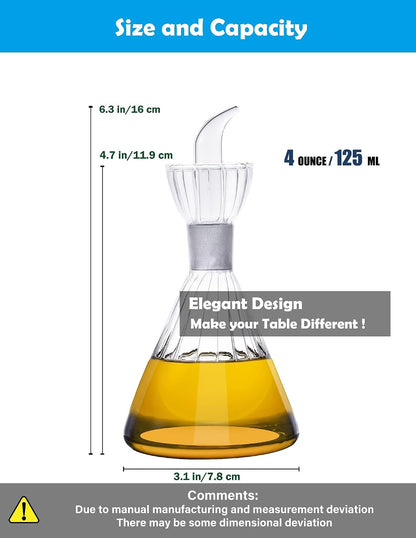 4 oz/125 ml Clear Glass Olive Oil Dispenser Bottle - Oil & Vinegar Cruet with Pourers and NO Funnel Needed - Olive Oil Carafe Decanter for Kitchen and BBQ Olive Oil Dispenser Bottle