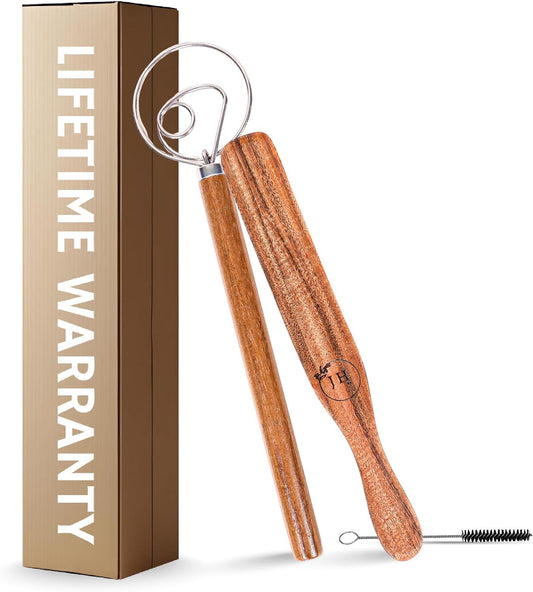 Dutch Dough Whisk & Teak Spurtle Set; Premium Stainless Steel Sourdough Whisk, Wooden Starter Jar Spatula; Sourdough Bread Baking Supplies for Home Bakers; BPA-Free, Bread Making Tools