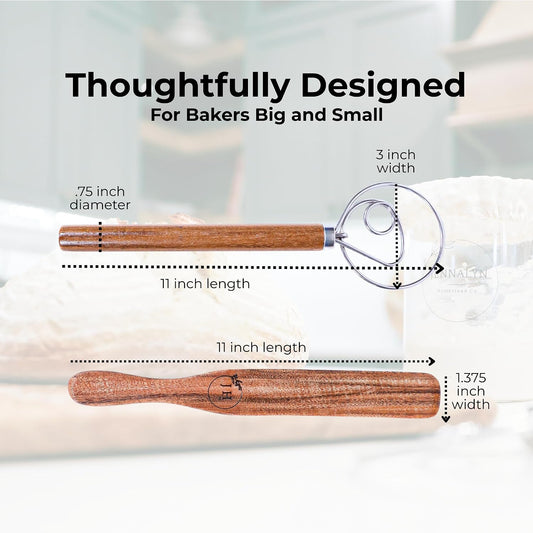 Dutch Dough Whisk & Teak Spurtle Set; Premium Stainless Steel Sourdough Whisk, Wooden Starter Jar Spatula; Sourdough Bread Baking Supplies for Home Bakers; BPA-Free, Bread Making Tools