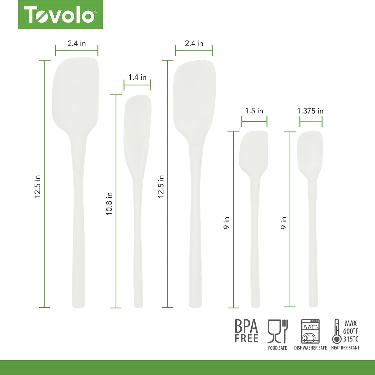 Flex Core 5 Piece Silicone Spatula Set Heat Resistant All Silicone Utensils Include Non Stick Spatula Spoonula Jar Scraper, Dishwasher Safe BPA Free Spatulas for Baking Mixing, White