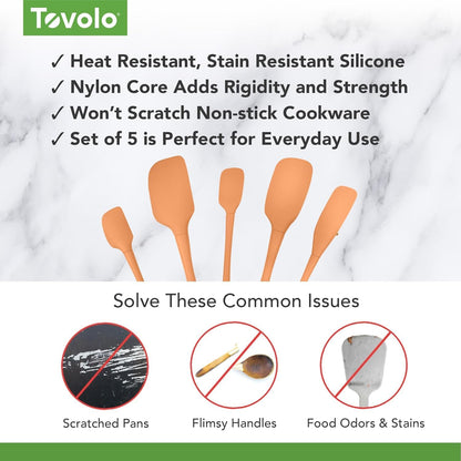 Flex Core 5 Piece Silicone Spatula Set Heat Resistant All Silicone Utensils Include Non Stick Spatula Spoonula Jar Scraper, Dishwasher Safe BPA Free Spatulas for Baking Mixing, White