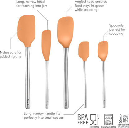 Flex Core 5 Piece Silicone Spatula Set Heat Resistant All Silicone Utensils Include Non Stick Spatula Spoonula Jar Scraper, Dishwasher Safe BPA Free Spatulas for Baking Mixing, White