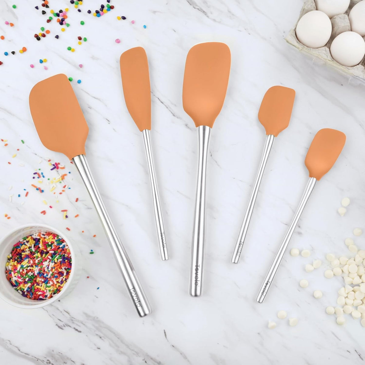 Flex Core 5 Piece Silicone Spatula Set Heat Resistant All Silicone Utensils Include Non Stick Spatula Spoonula Jar Scraper, Dishwasher Safe BPA Free Spatulas for Baking Mixing, White