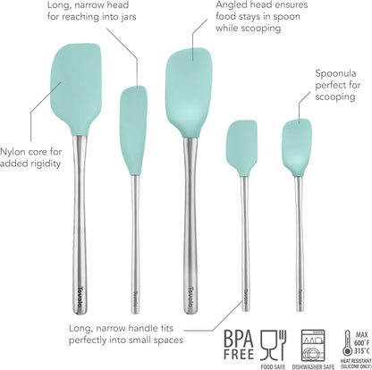 Flex Core 5 Piece Silicone Spatula Set Heat Resistant All Silicone Utensils Include Non Stick Spatula Spoonula Jar Scraper, Dishwasher Safe BPA Free Spatulas for Baking Mixing, White