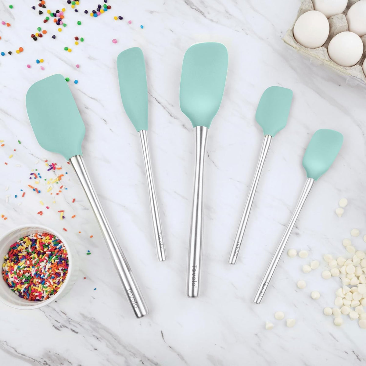Flex Core 5 Piece Silicone Spatula Set Heat Resistant All Silicone Utensils Include Non Stick Spatula Spoonula Jar Scraper, Dishwasher Safe BPA Free Spatulas for Baking Mixing, White