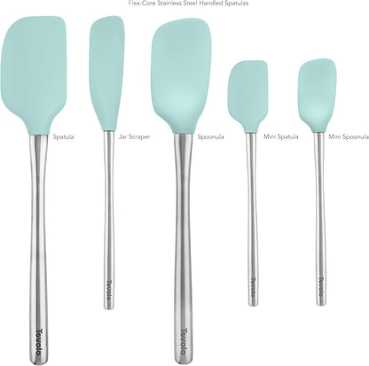 Flex Core 5 Piece Silicone Spatula Set Heat Resistant All Silicone Utensils Include Non Stick Spatula Spoonula Jar Scraper, Dishwasher Safe BPA Free Spatulas for Baking Mixing, White