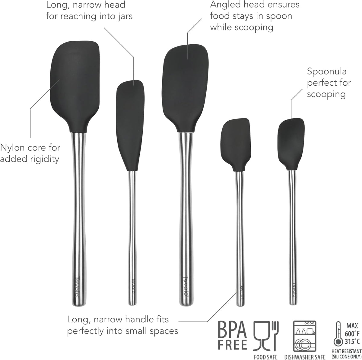 Flex Core 5 Piece Silicone Spatula Set Heat Resistant All Silicone Utensils Include Non Stick Spatula Spoonula Jar Scraper, Dishwasher Safe BPA Free Spatulas for Baking Mixing, White