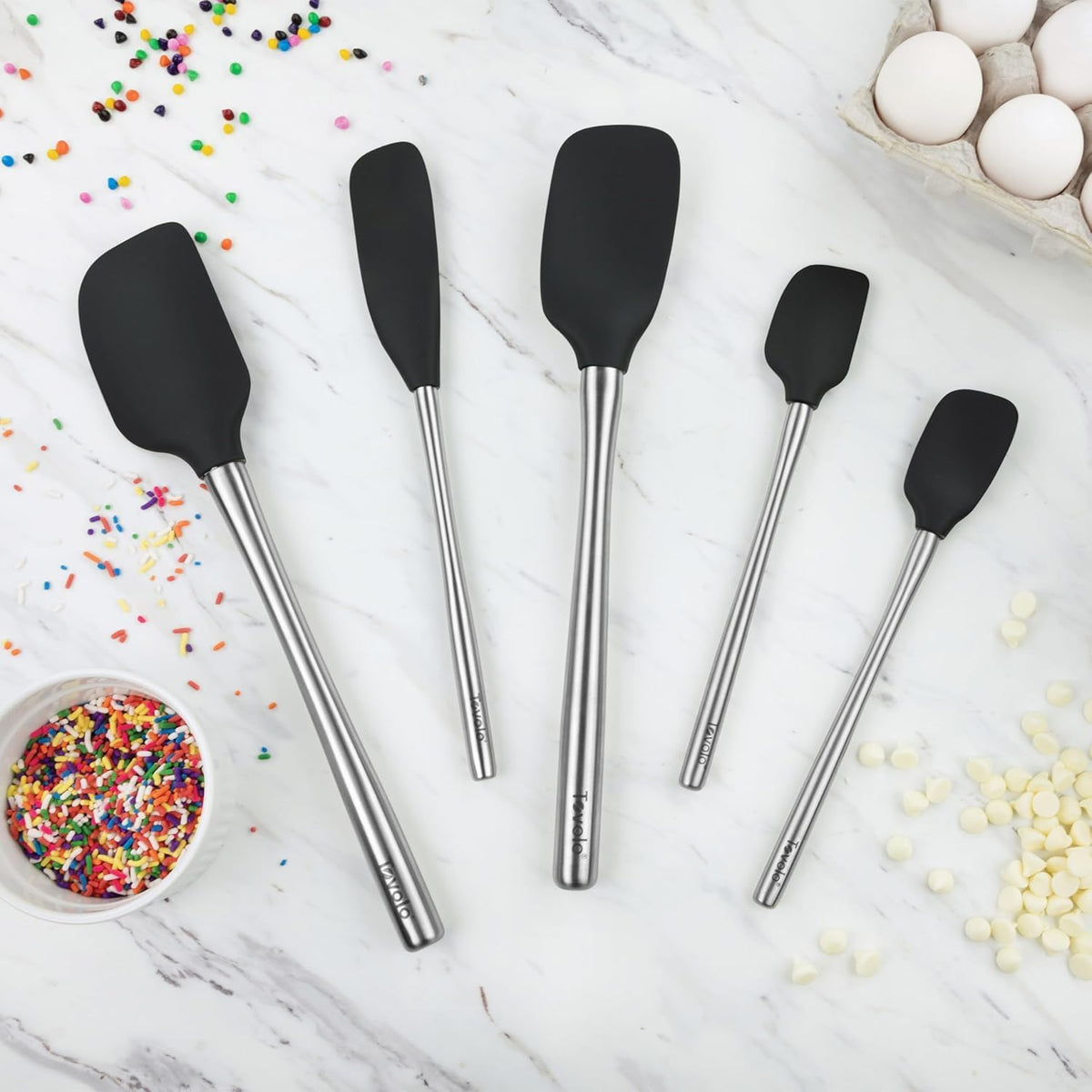 Flex Core 5 Piece Silicone Spatula Set Heat Resistant All Silicone Utensils Include Non Stick Spatula Spoonula Jar Scraper, Dishwasher Safe BPA Free Spatulas for Baking Mixing, White