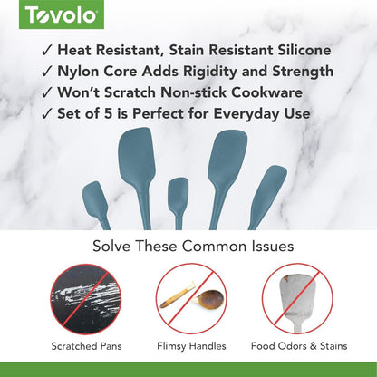 Flex Core 5 Piece Silicone Spatula Set Heat Resistant All Silicone Utensils Include Non Stick Spatula Spoonula Jar Scraper, Dishwasher Safe BPA Free Spatulas for Baking Mixing, White