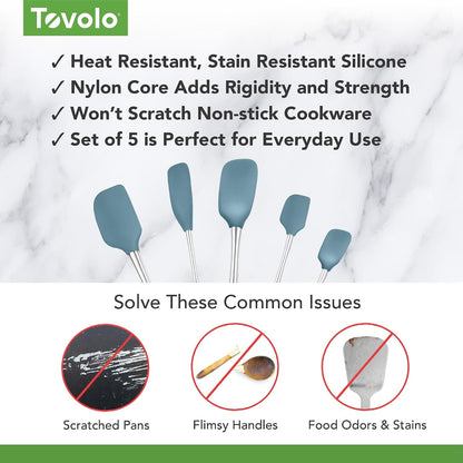 Flex Core 5 Piece Silicone Spatula Set Heat Resistant All Silicone Utensils Include Non Stick Spatula Spoonula Jar Scraper, Dishwasher Safe BPA Free Spatulas for Baking Mixing, White