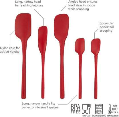 Flex Core 5 Piece Silicone Spatula Set Heat Resistant All Silicone Utensils Include Non Stick Spatula Spoonula Jar Scraper, Dishwasher Safe BPA Free Spatulas for Baking Mixing, White