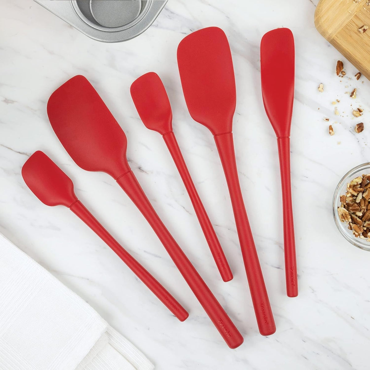 Flex Core 5 Piece Silicone Spatula Set Heat Resistant All Silicone Utensils Include Non Stick Spatula Spoonula Jar Scraper, Dishwasher Safe BPA Free Spatulas for Baking Mixing, White