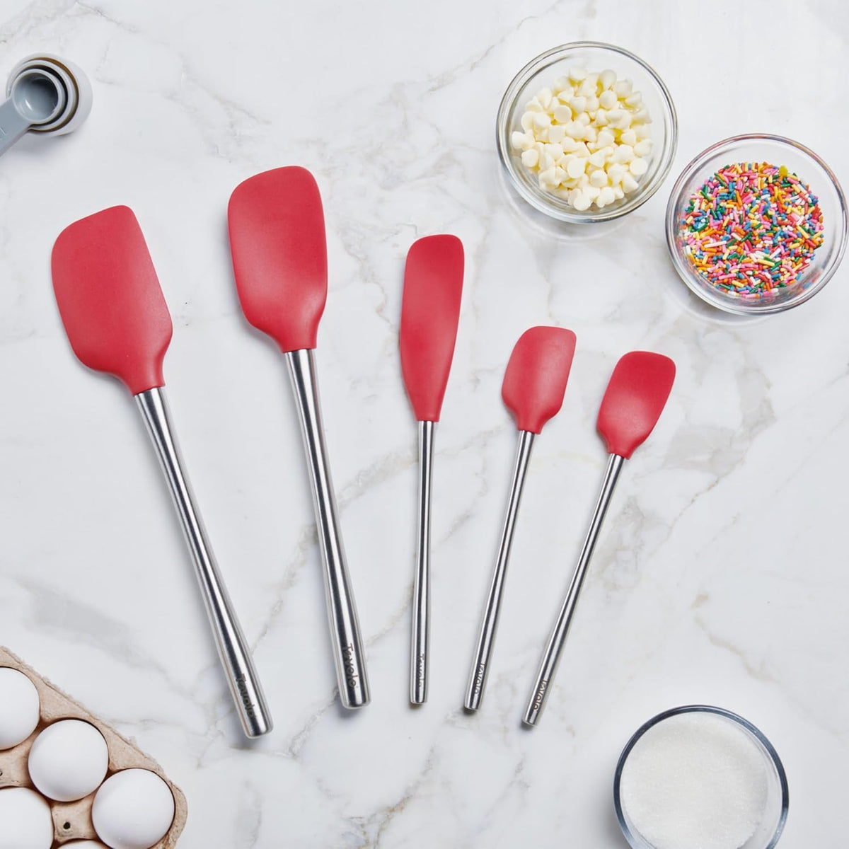 Flex Core 5 Piece Silicone Spatula Set Heat Resistant All Silicone Utensils Include Non Stick Spatula Spoonula Jar Scraper, Dishwasher Safe BPA Free Spatulas for Baking Mixing, White