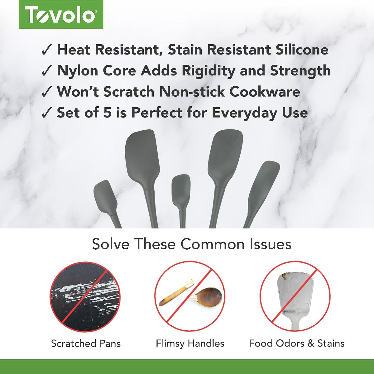 Flex Core 5 Piece Silicone Spatula Set Heat Resistant All Silicone Utensils Include Non Stick Spatula Spoonula Jar Scraper, Dishwasher Safe BPA Free Spatulas for Baking Mixing, White
