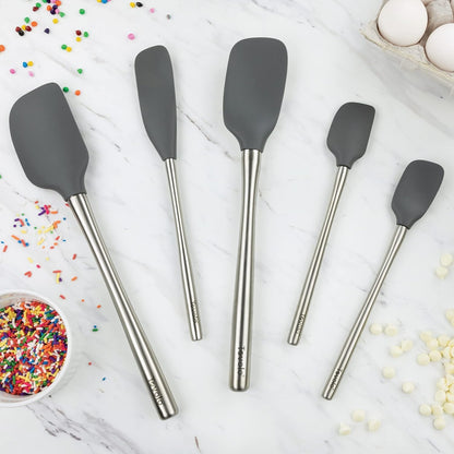 Flex Core 5 Piece Silicone Spatula Set Heat Resistant All Silicone Utensils Include Non Stick Spatula Spoonula Jar Scraper, Dishwasher Safe BPA Free Spatulas for Baking Mixing, White