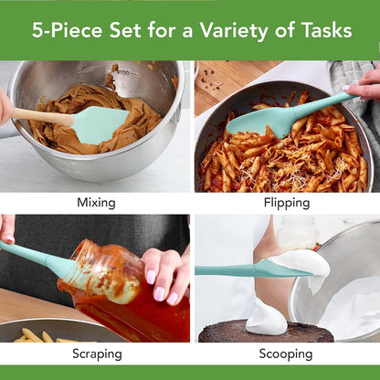 Flex Core 5 Piece Silicone Spatula Set Heat Resistant All Silicone Utensils Include Non Stick Spatula Spoonula Jar Scraper, Dishwasher Safe BPA Free Spatulas for Baking Mixing, White
