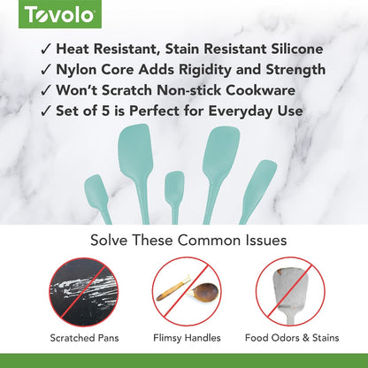 Flex Core 5 Piece Silicone Spatula Set Heat Resistant All Silicone Utensils Include Non Stick Spatula Spoonula Jar Scraper, Dishwasher Safe BPA Free Spatulas for Baking Mixing, White