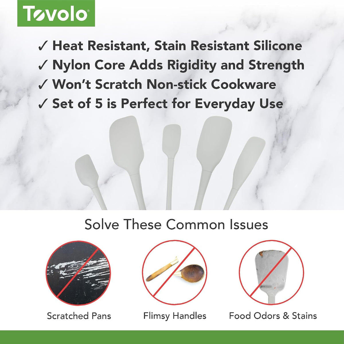 Flex Core 5 Piece Silicone Spatula Set Heat Resistant All Silicone Utensils Include Non Stick Spatula Spoonula Jar Scraper, Dishwasher Safe BPA Free Spatulas for Baking Mixing, White